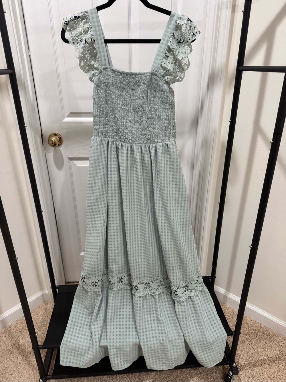 Amazon Mint Green Gingham Lace-Trim Midi Dress